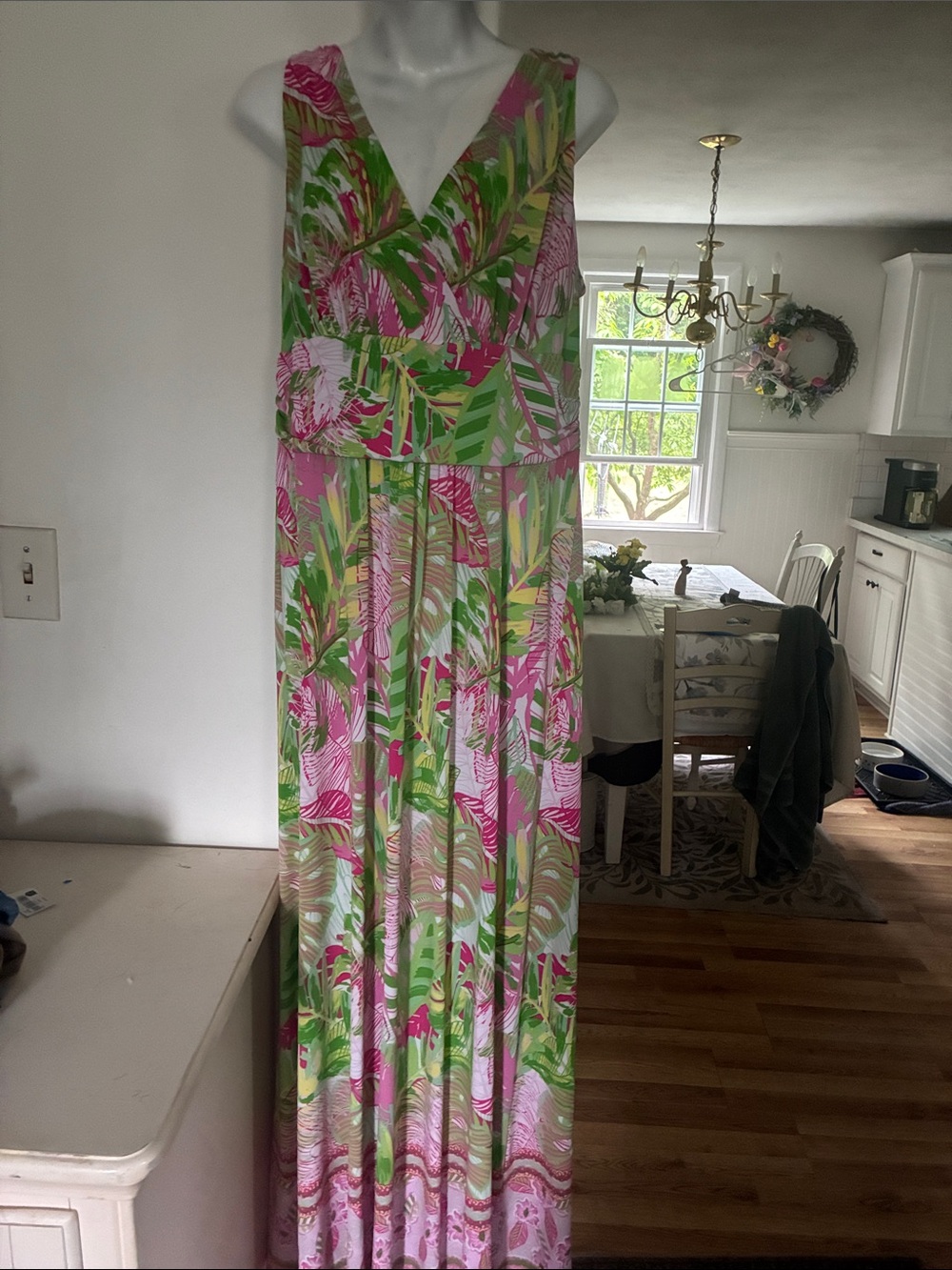Pappagallo Maxi Dress in Tropical Print in Vibrant In Pink And Green Colors  L